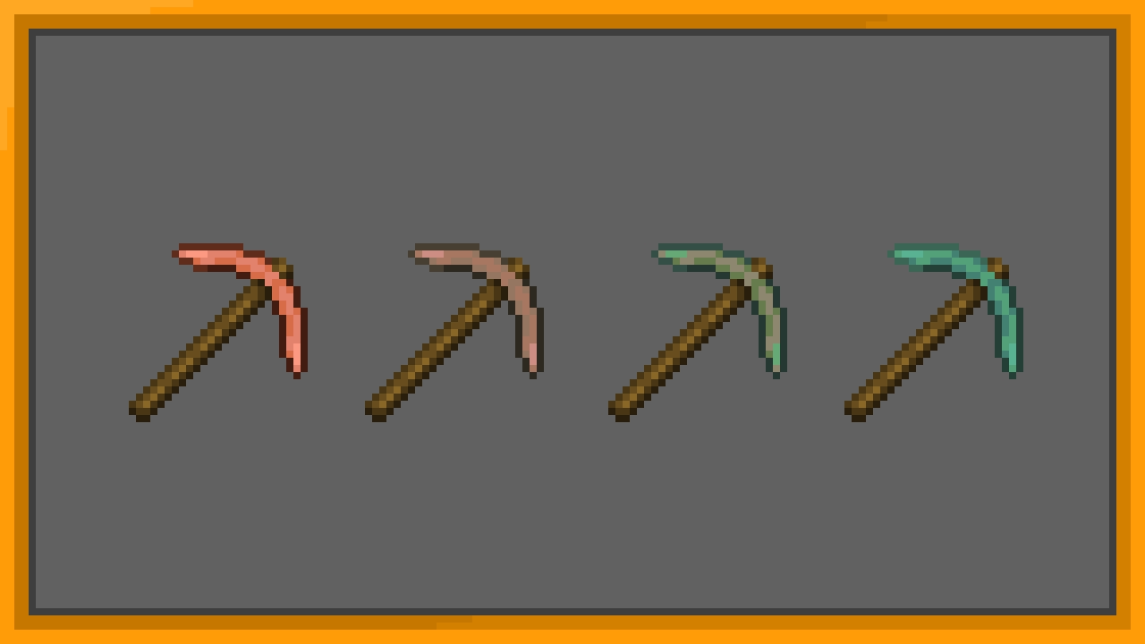 Adds oxidization stages to copper tools as their durability lowers. Based on Vanilla Tweaks' pack.