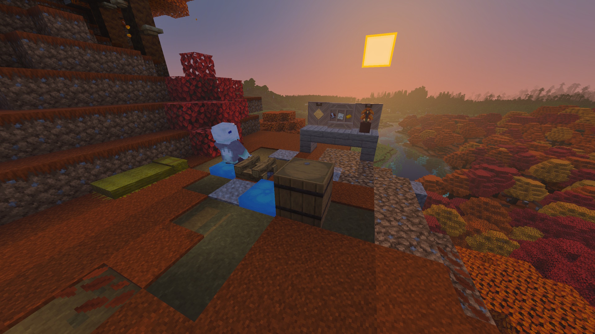 Faithful 32x promotional image showing a Minecraft player staring off into the sunset while sitting on a light blue cushion, all while being in a small outpost by an abandoned camp.